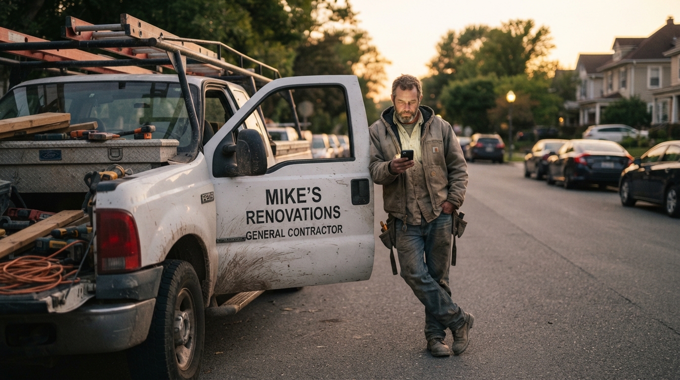 Contractor reviewing his phone beside his work truck at the end of the day