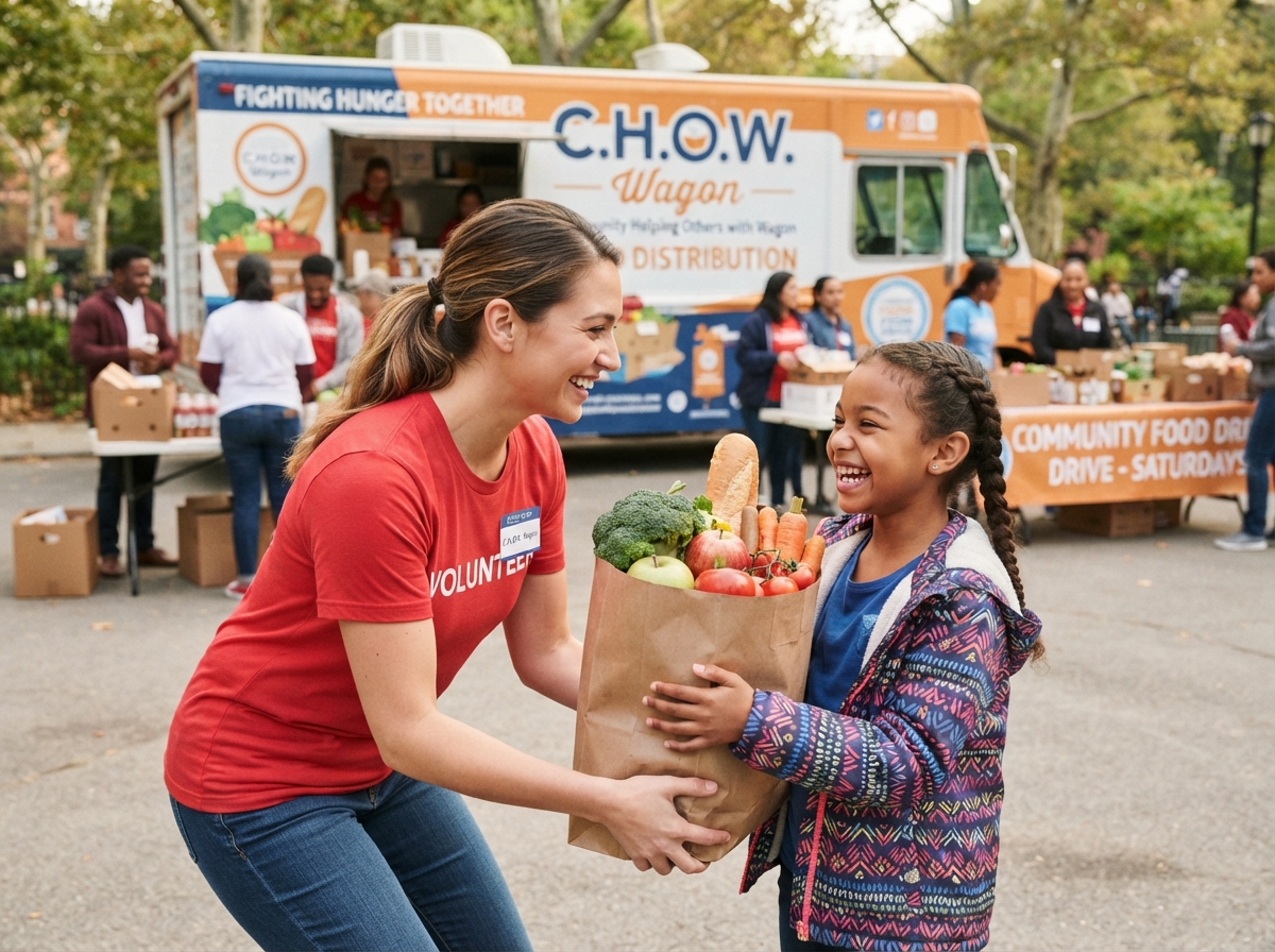 Volunteer distributing food to child