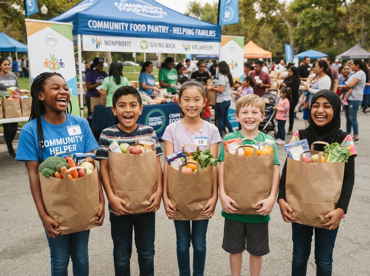 Children receiving groceries from C.H.O.W. Wagon