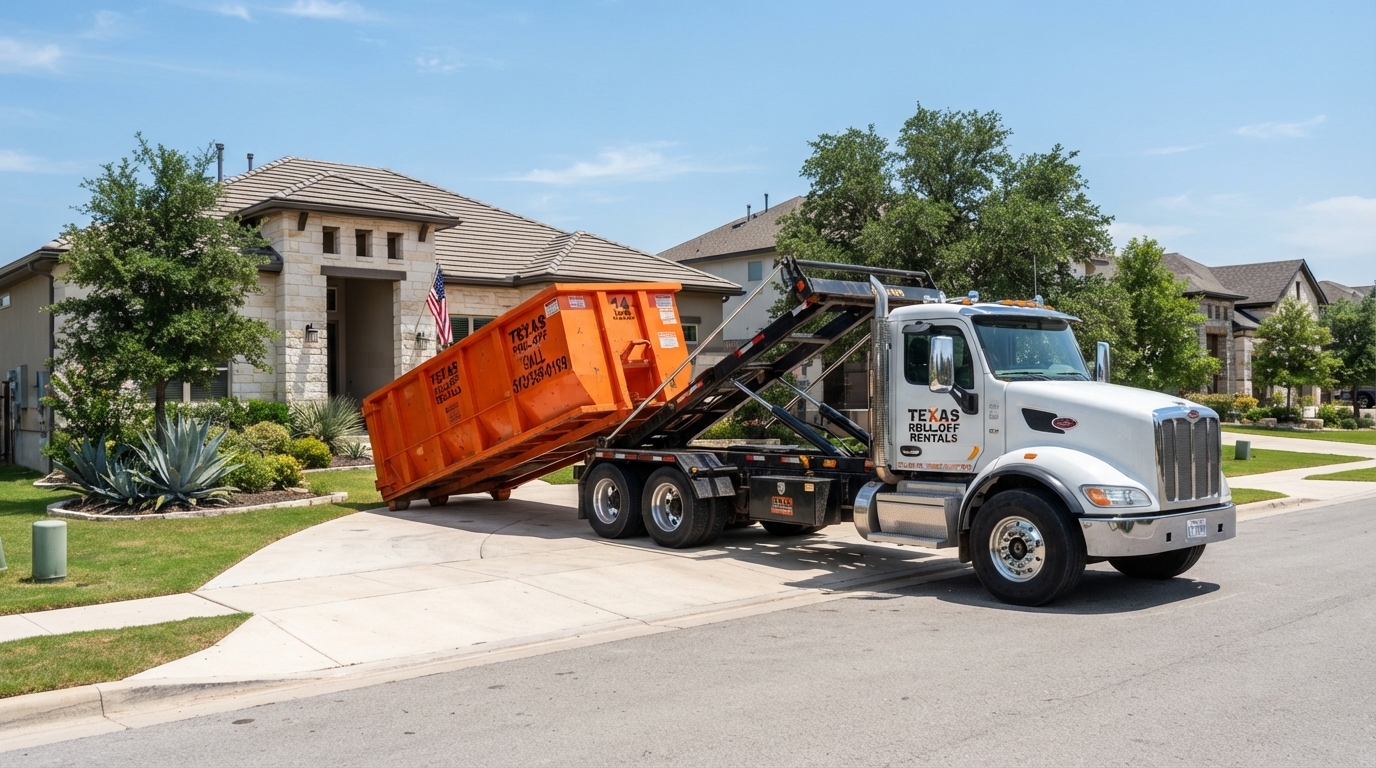 Roll-off dumpster delivery truck in the Rio Grande Valley