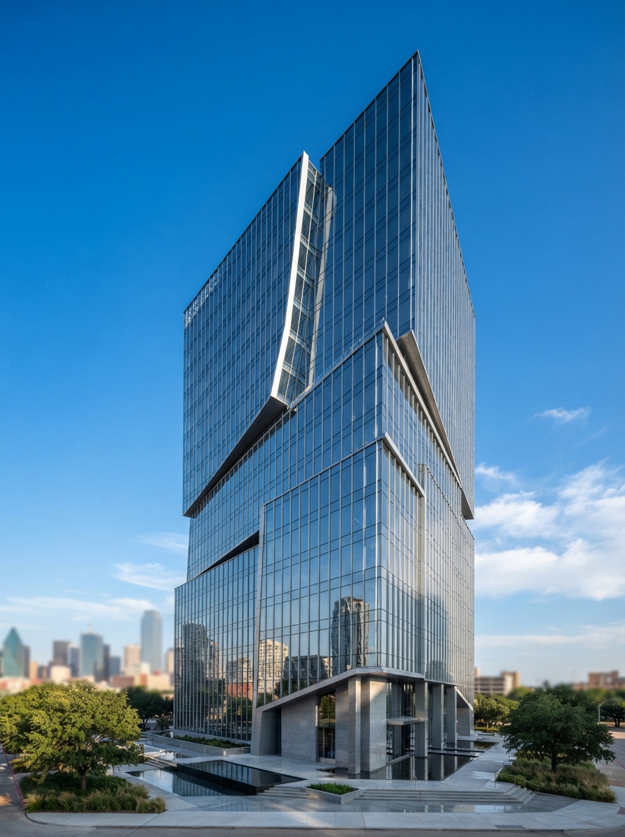Modern Dallas-Fort Worth commercial office tower with glass and steel architectural geometry