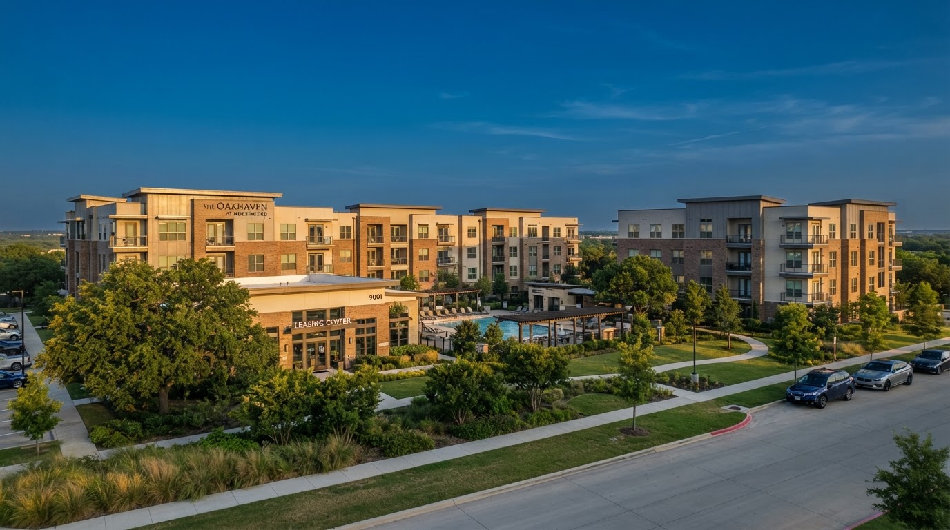 Modern multifamily apartment community in Dallas-Fort Worth, Texas at golden hour