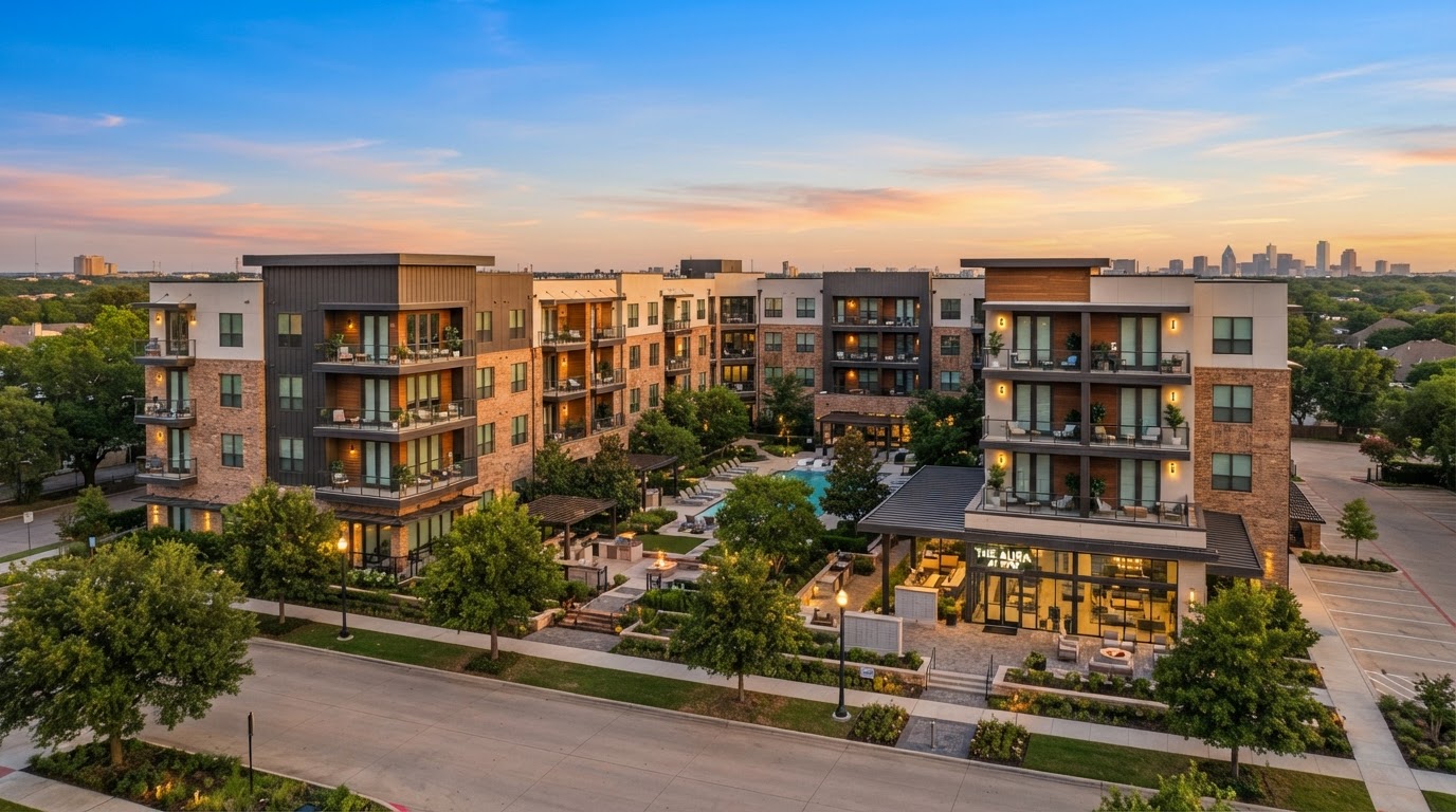 Modern multifamily apartment building in Dallas-Fort Worth at golden hour