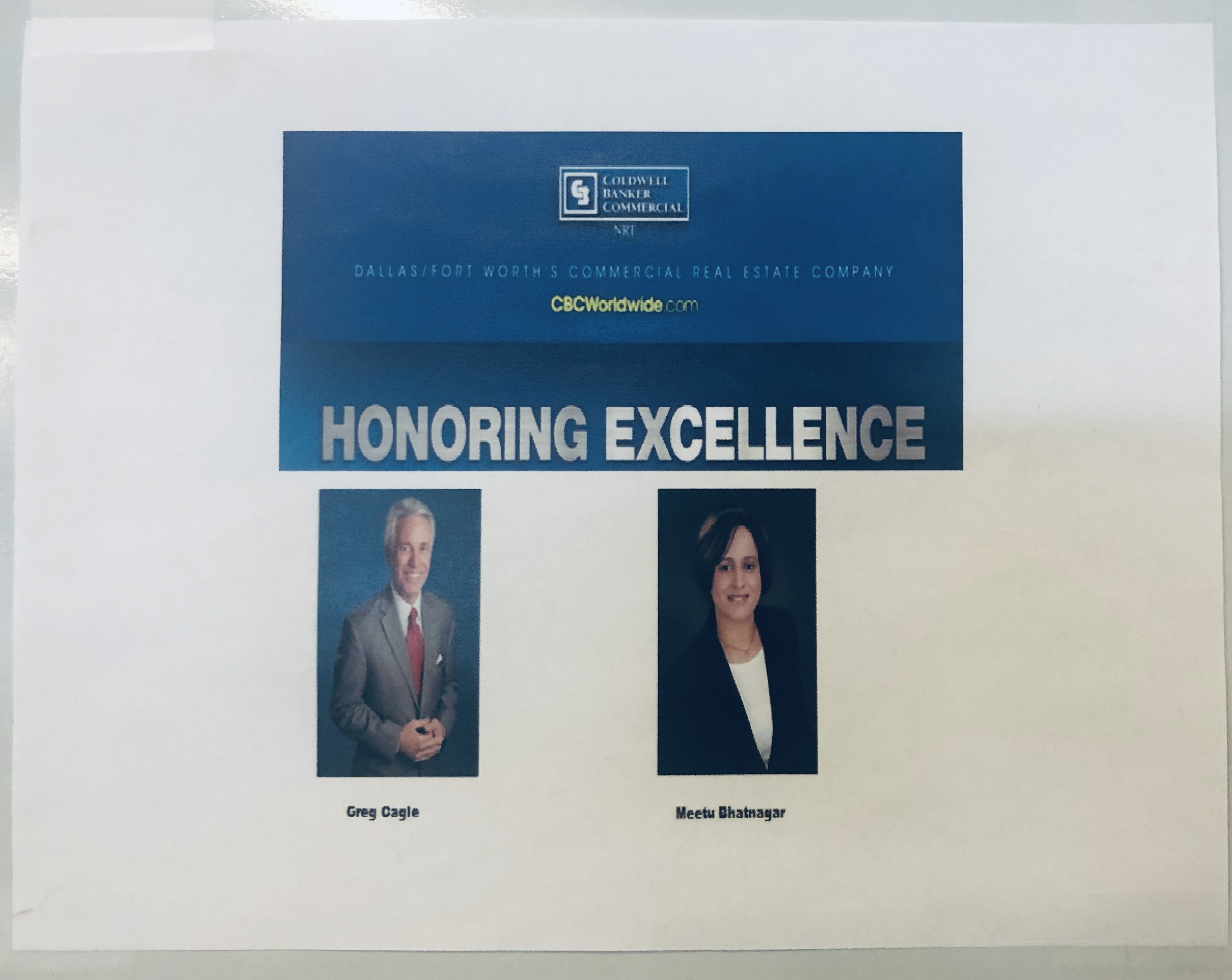 Commercial Real Estate Recognition document honoring excellence during prior Coldwell Banker Commercial affiliation