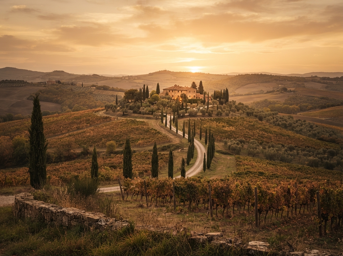 The rolling vineyards and olive groves of the Chianti Hills at golden hour