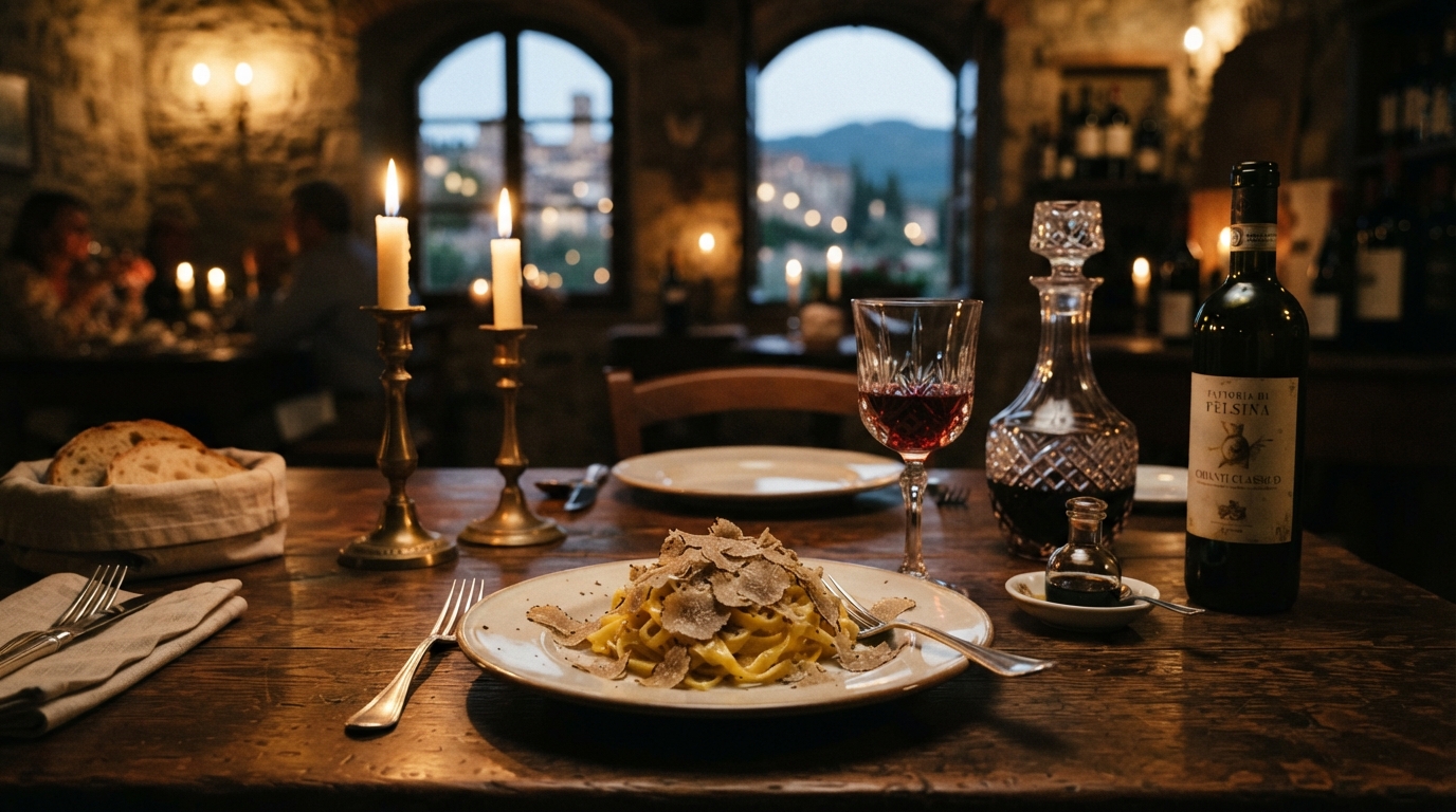 An upscale Tuscan dinner of fresh tagliolini generously shaved with white truffle, a glass of Chianti Classico, aged balsamic and single-estate olive oil on an elegant candlelit table