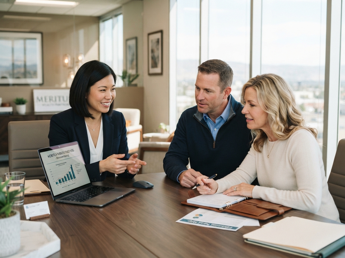 Accrue CPA advisor meeting with a couple in a modern Bakersfield office