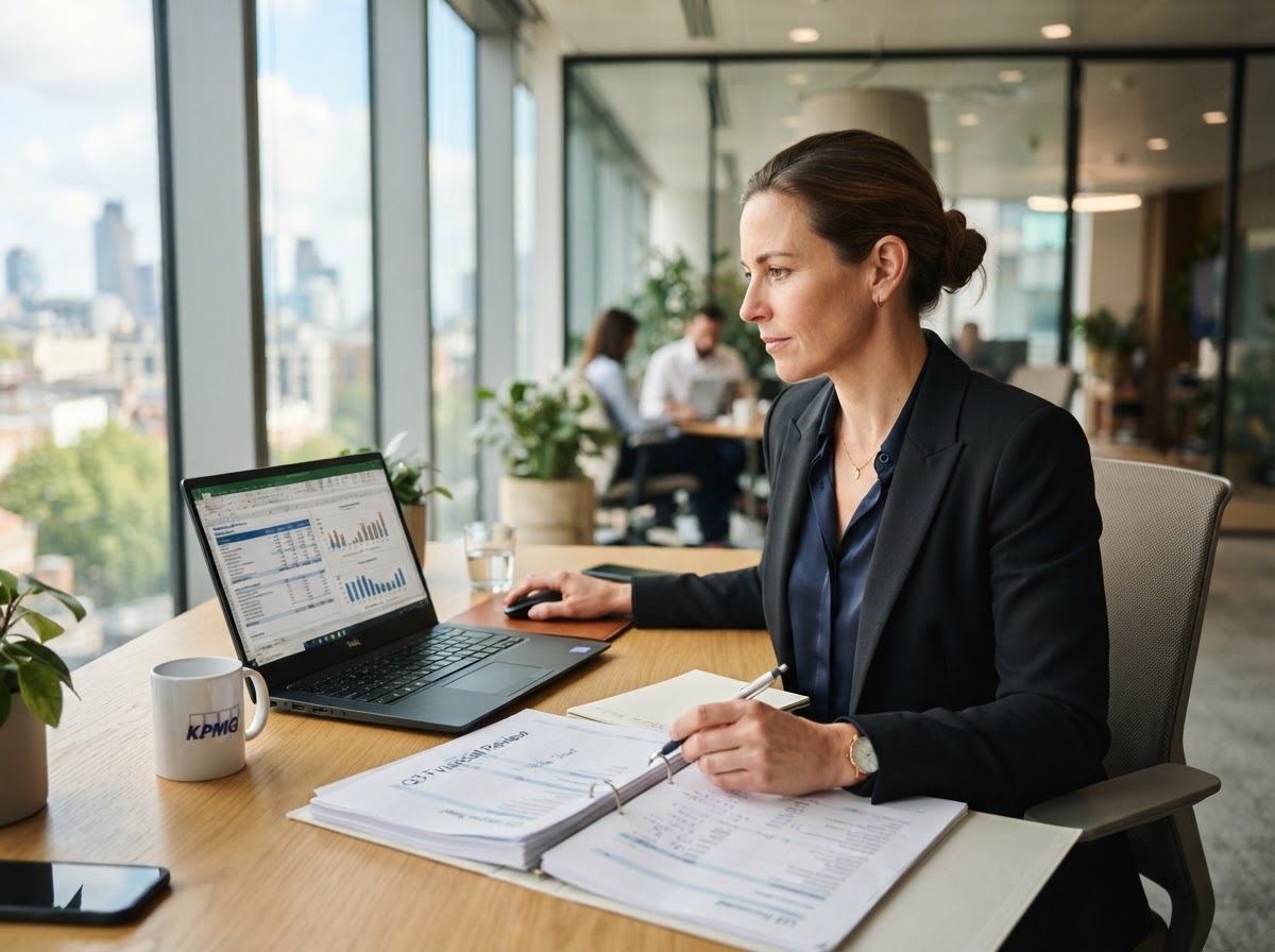 Financial advisors reviewing accounting statements on a laptop