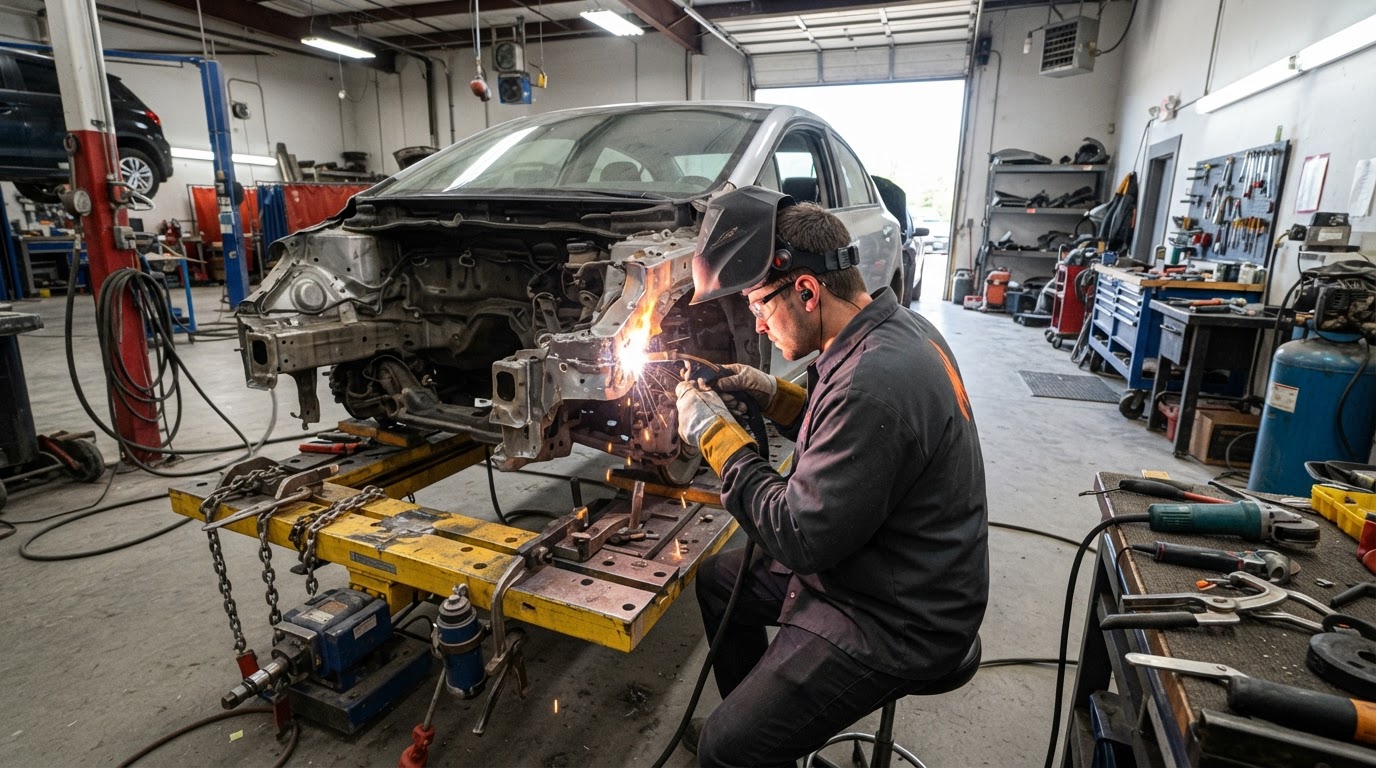 Collision repair technician working on vehicle frame at Xyzit Auto & Body Shop