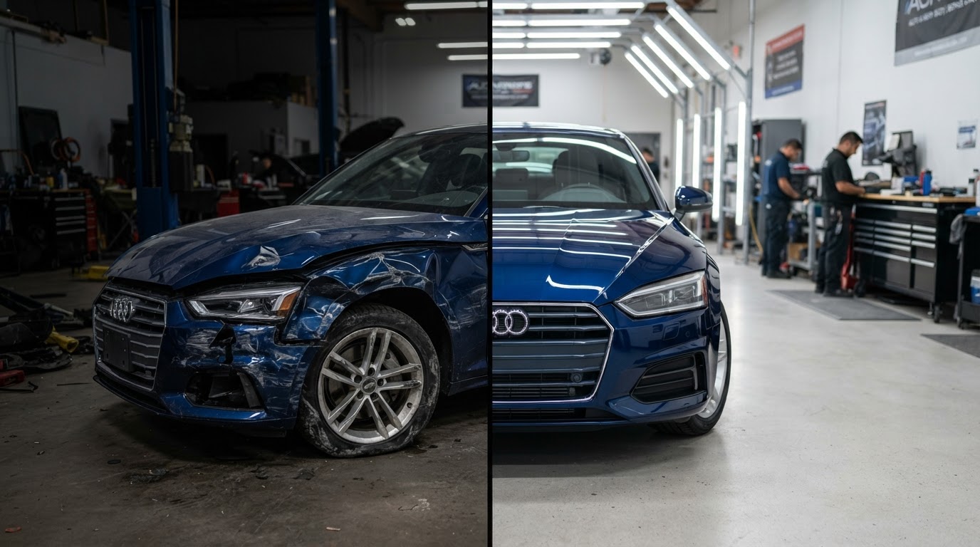 Finished collision repair showing restored vehicle at Xyzit Auto & Body Shop