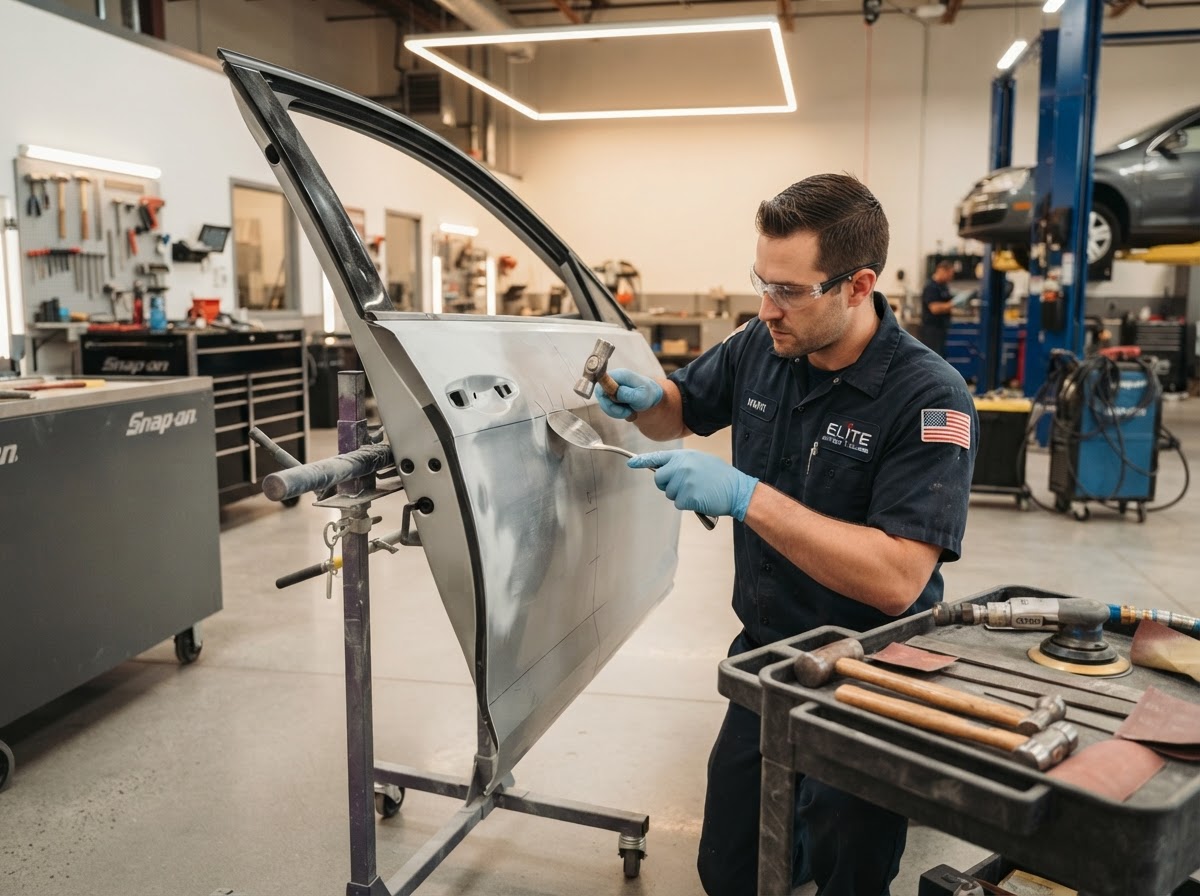 Technician performing precision auto body repair on vehicle door panel at European Auto Body & Sales