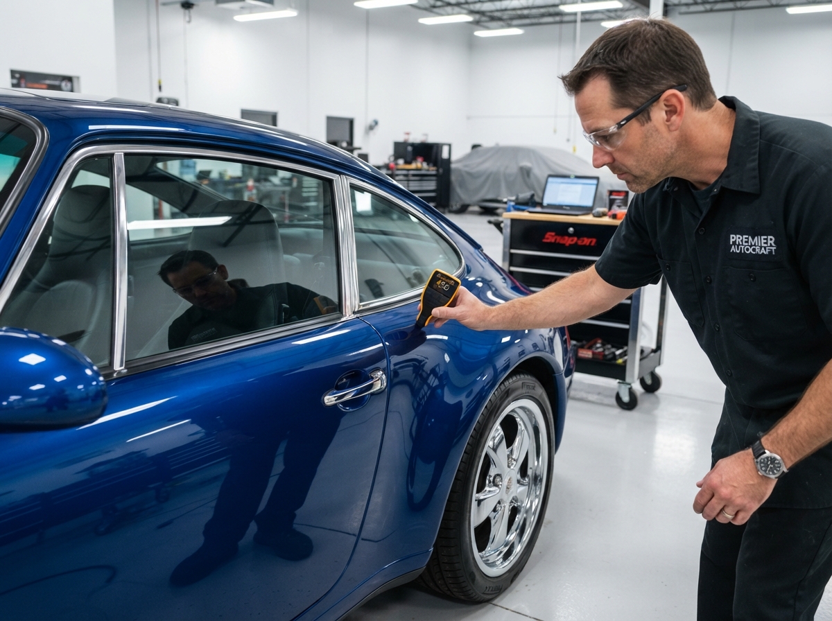 Perfectly restored vehicle receiving final quality inspection at European Auto Body & Sales in Bridgeview