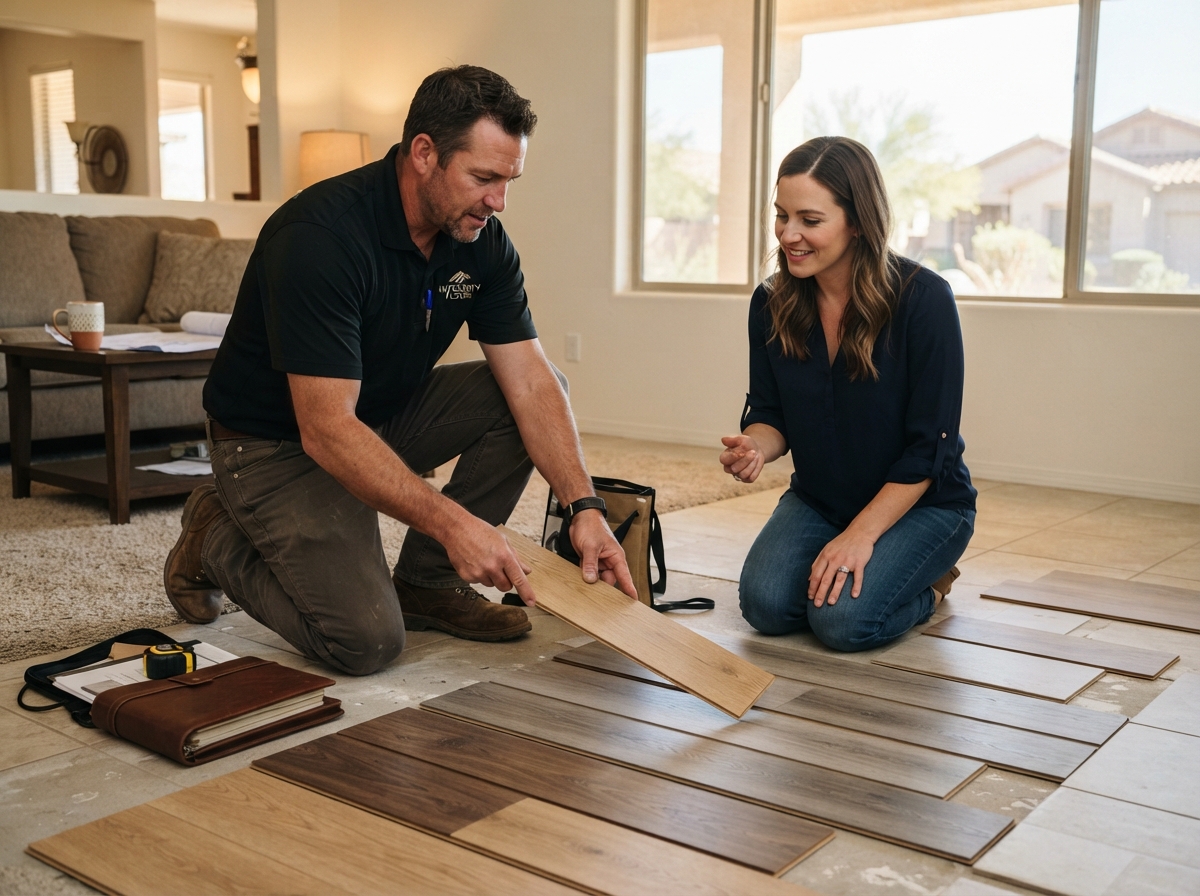 G5E Flooring contractor consulting with a Phoenix homeowner about flooring options with physical samples