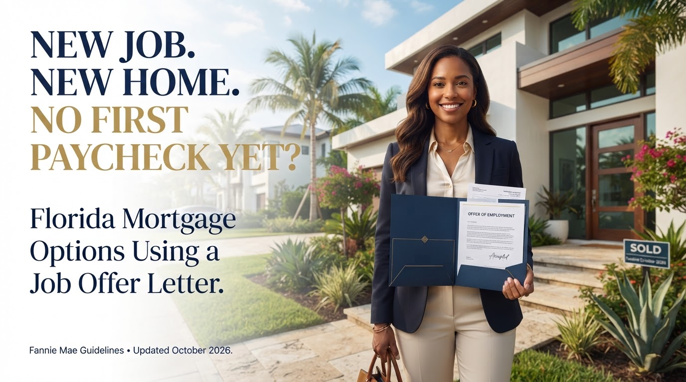 Florida homebuyer reviewing a new employment offer letter before applying for a conventional mortgage.