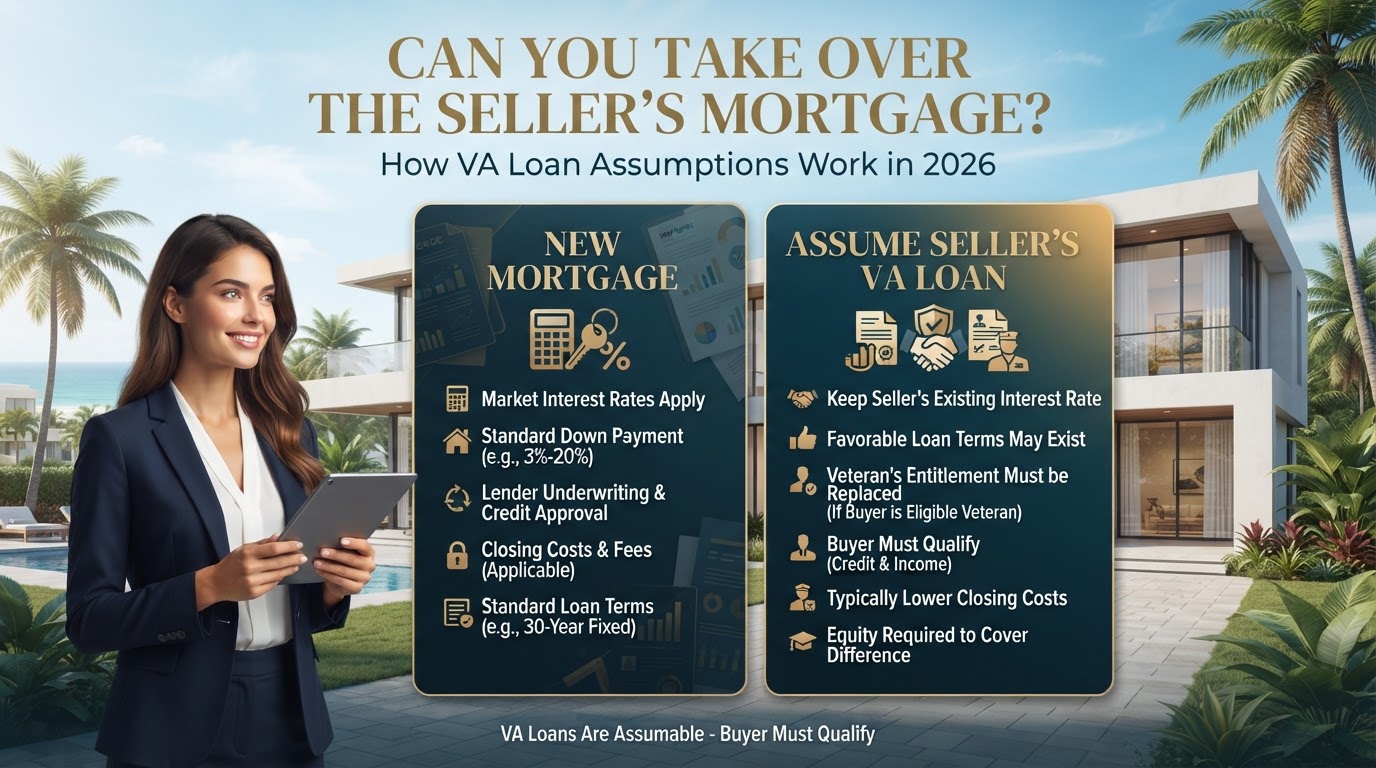 Florida homebuyer comparing a new mortgage with assuming a seller's existing VA home loan in 2026.