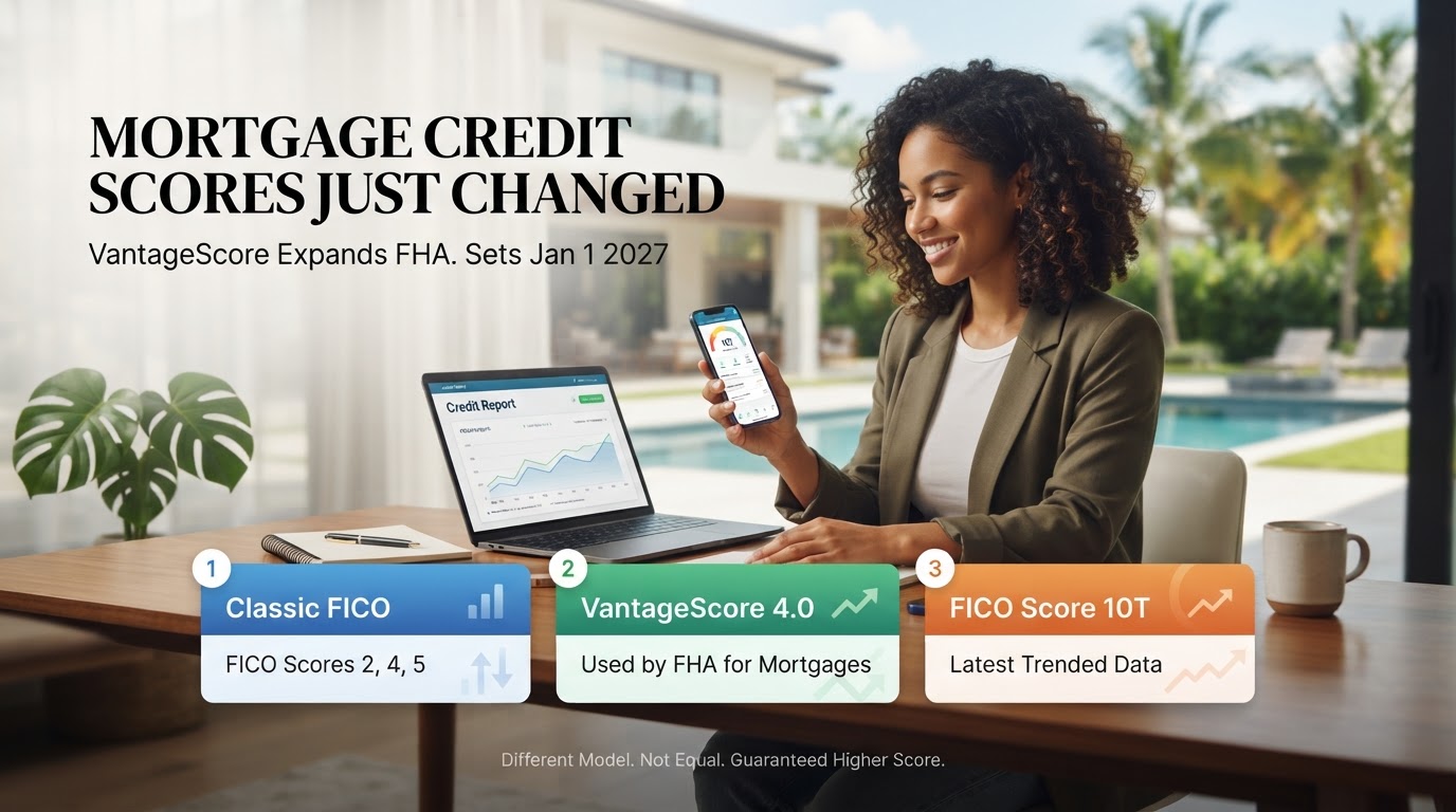 Florida homebuyer comparing Classic FICO, VantageScore 4.0 and FICO Score 10T mortgage credit scores in 2026.
