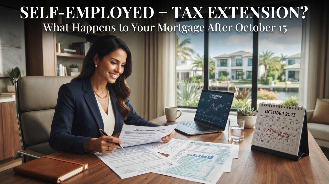 Self-employed Florida homebuyer reviewing mortgage documents and the October 15 2026 tax extension deadline.