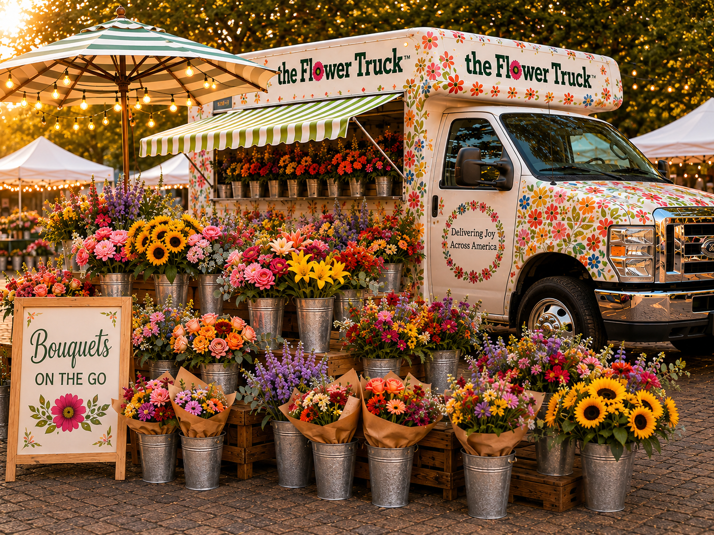 The Flower Truck bouquet bar display with colorful arrangements, Bouquets on the Go sign, and vibrant flowers