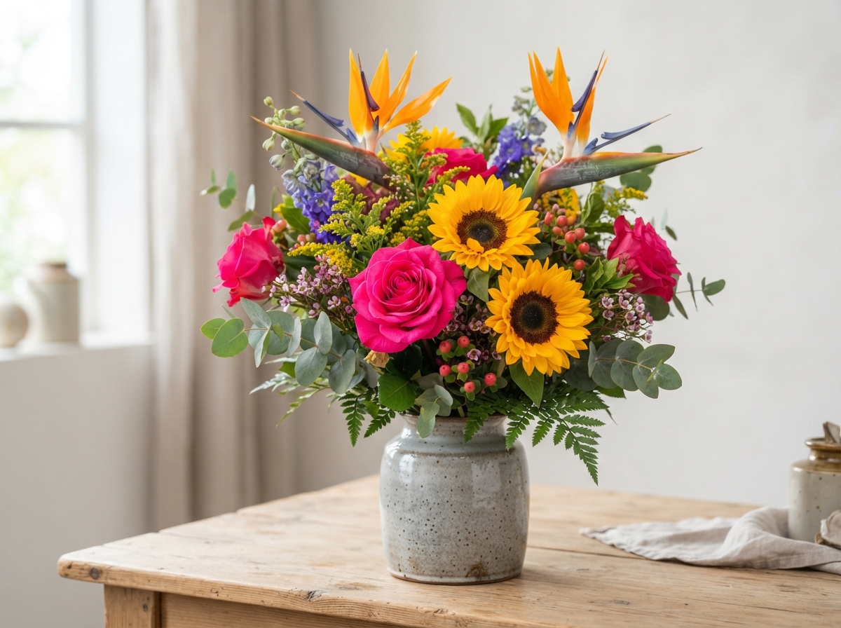 Vibrant bouquet with sunflowers, pink roses, and bird of paradise