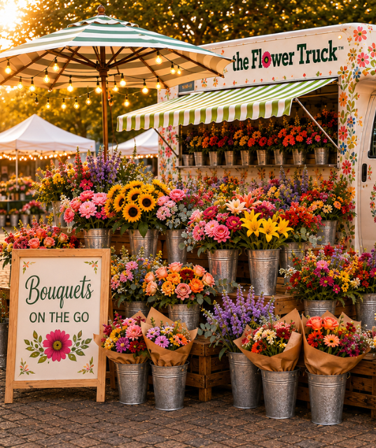 The Flower Truck with colorful floral wrap, striped awning, string lights, and vibrant flower market display