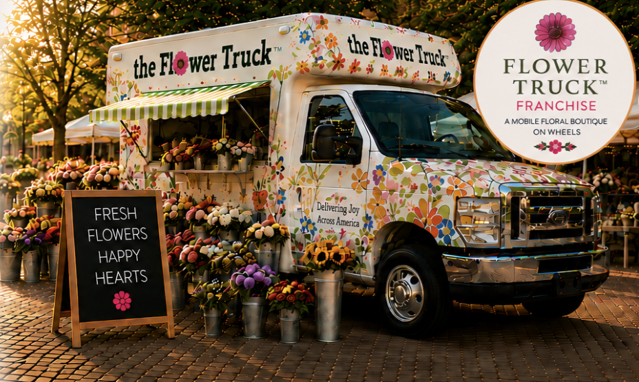 The Flower Truck mobile floral boutique at a market with fresh flowers and chalkboard sign