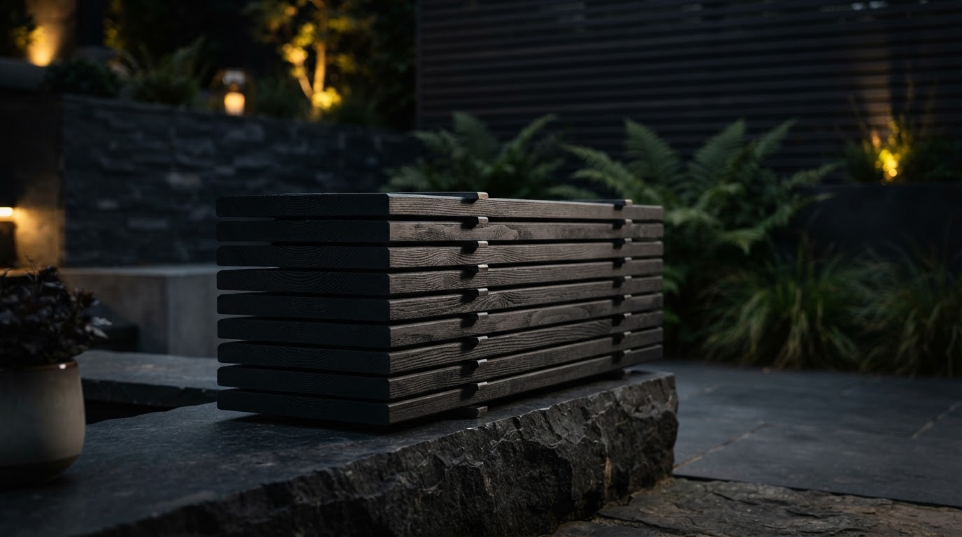 Detailopname van zwart gespoten tuinhout structuur