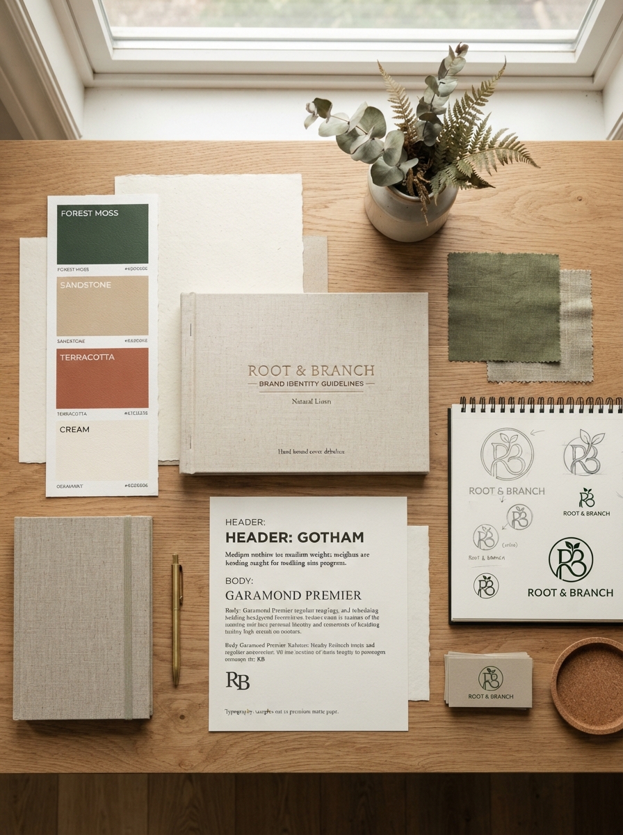 Flat lay van kleurmonsters, typografie en logo-schetsen op papier en hout