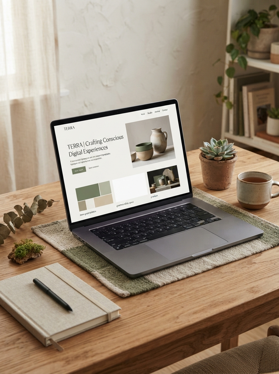Laptop op een houten bureau met een moderne website, warme aardetinten