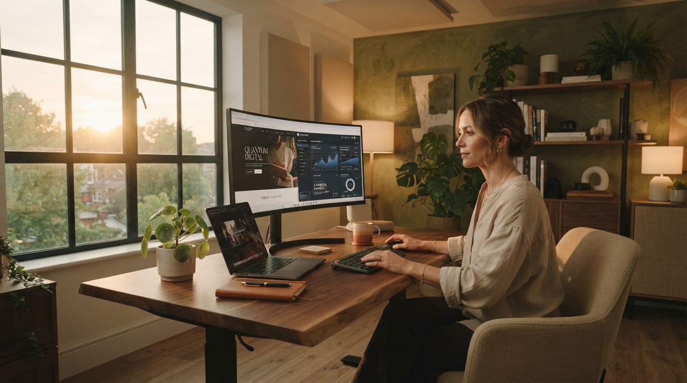 Moderne werkplek met groot scherm waarop een website en AI-dashboard te zien zijn, warme aardetinten