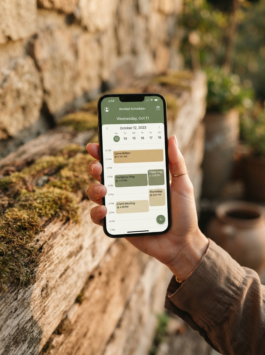 Smartphone met een planningsapp, natuurlijke houten achtergrond, warme sfeer