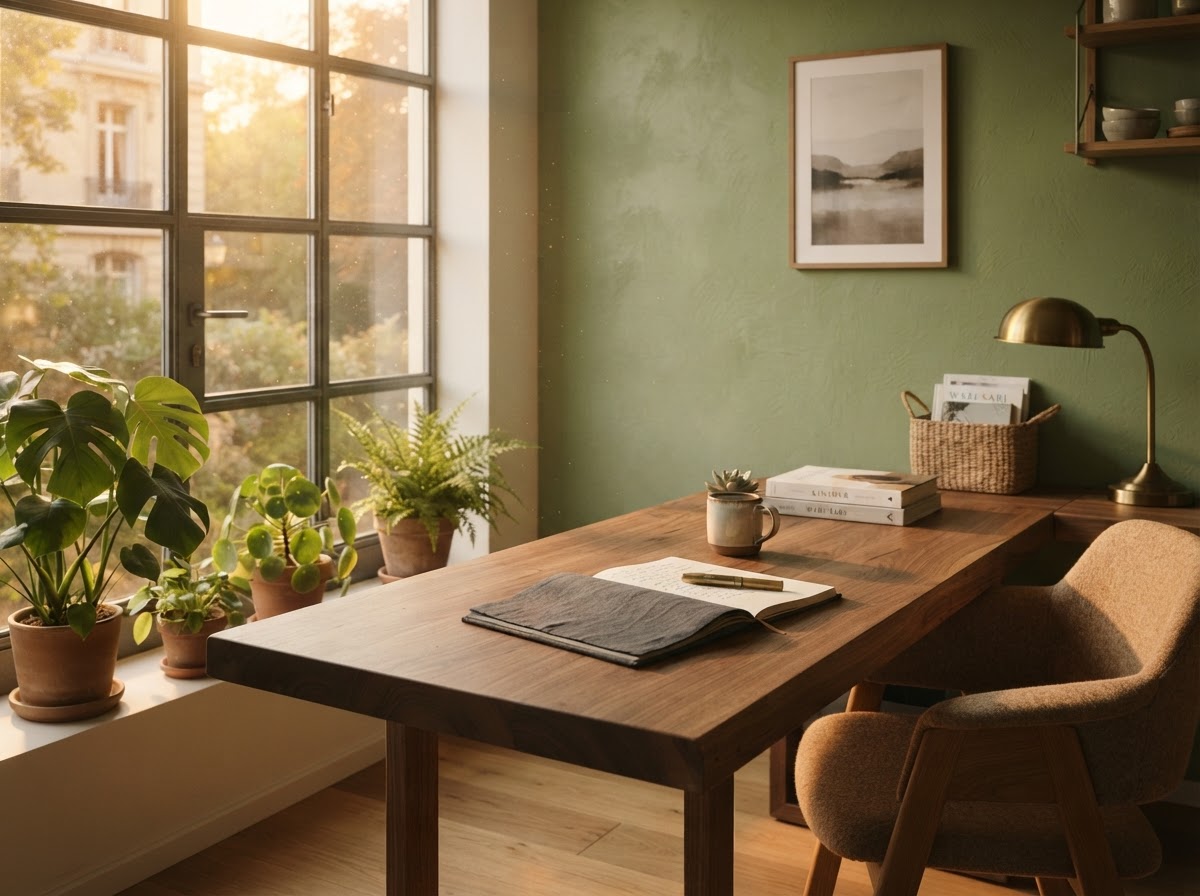 Rustige creatieve studio met natuurlijke houten elementen en zacht gouden licht