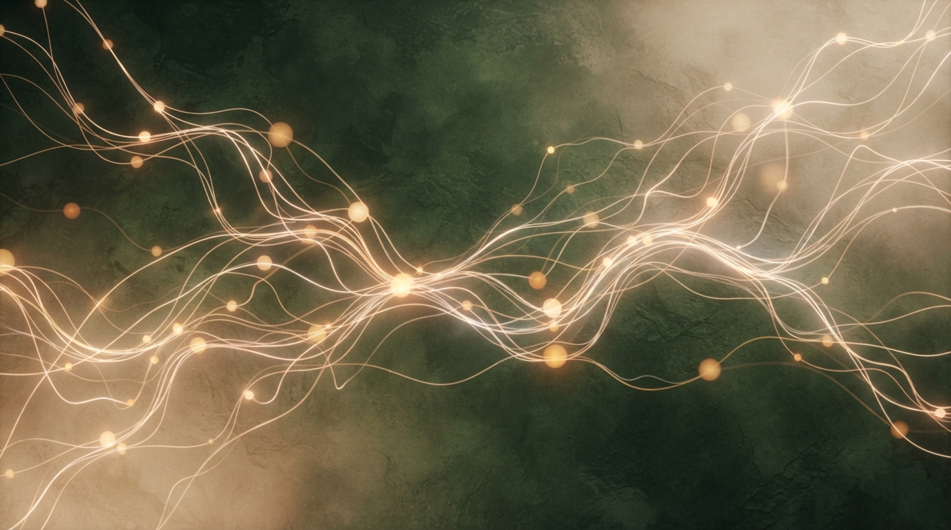 Abstracte AI-visualisatie met zachte lichtlijnen en neurale netwerken over een mosgroene achtergrond