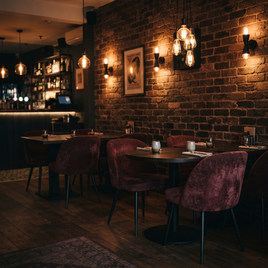 Restaurant dining area with velvet chairs