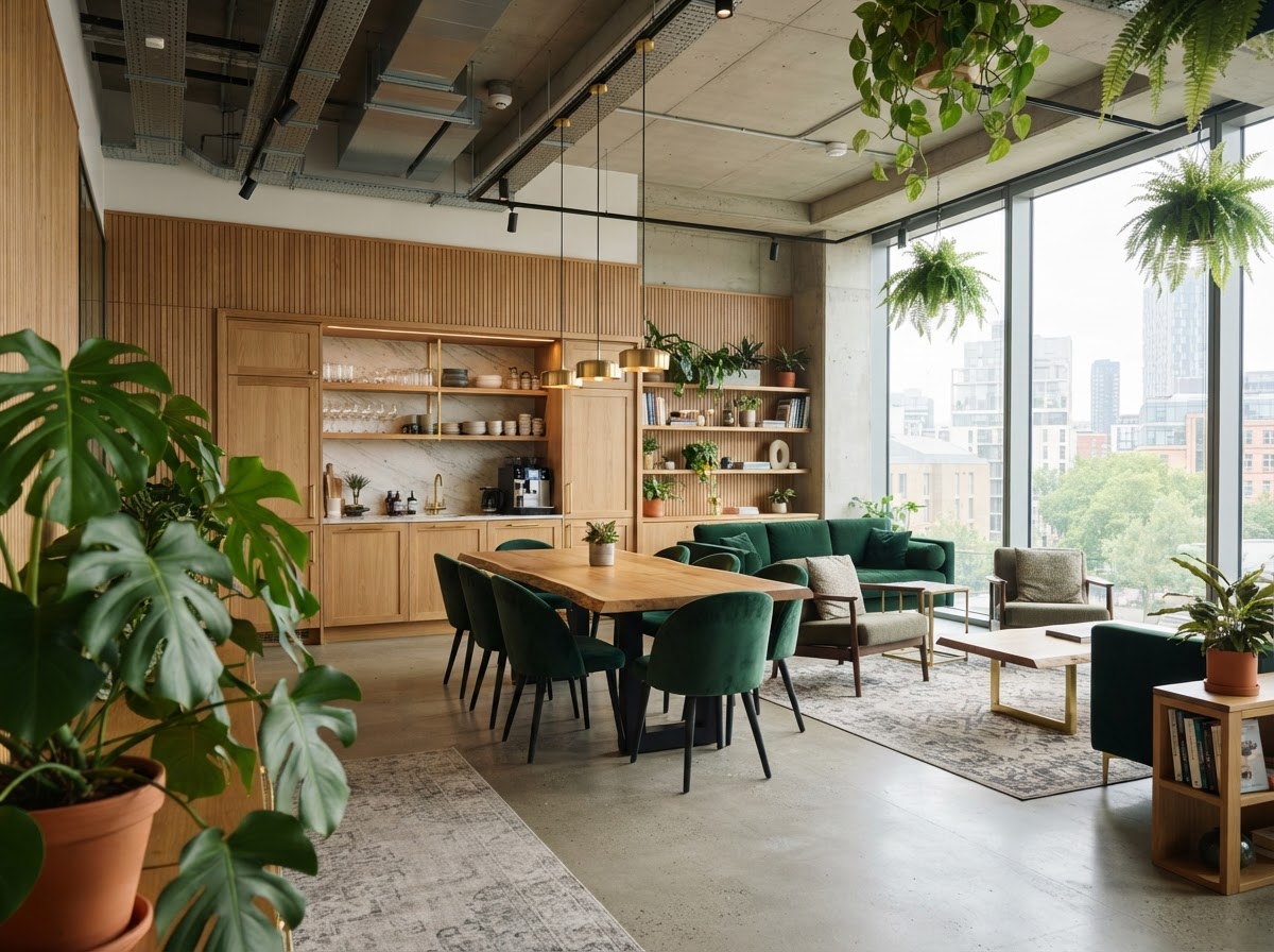 Office break-out area with plants and brass accents