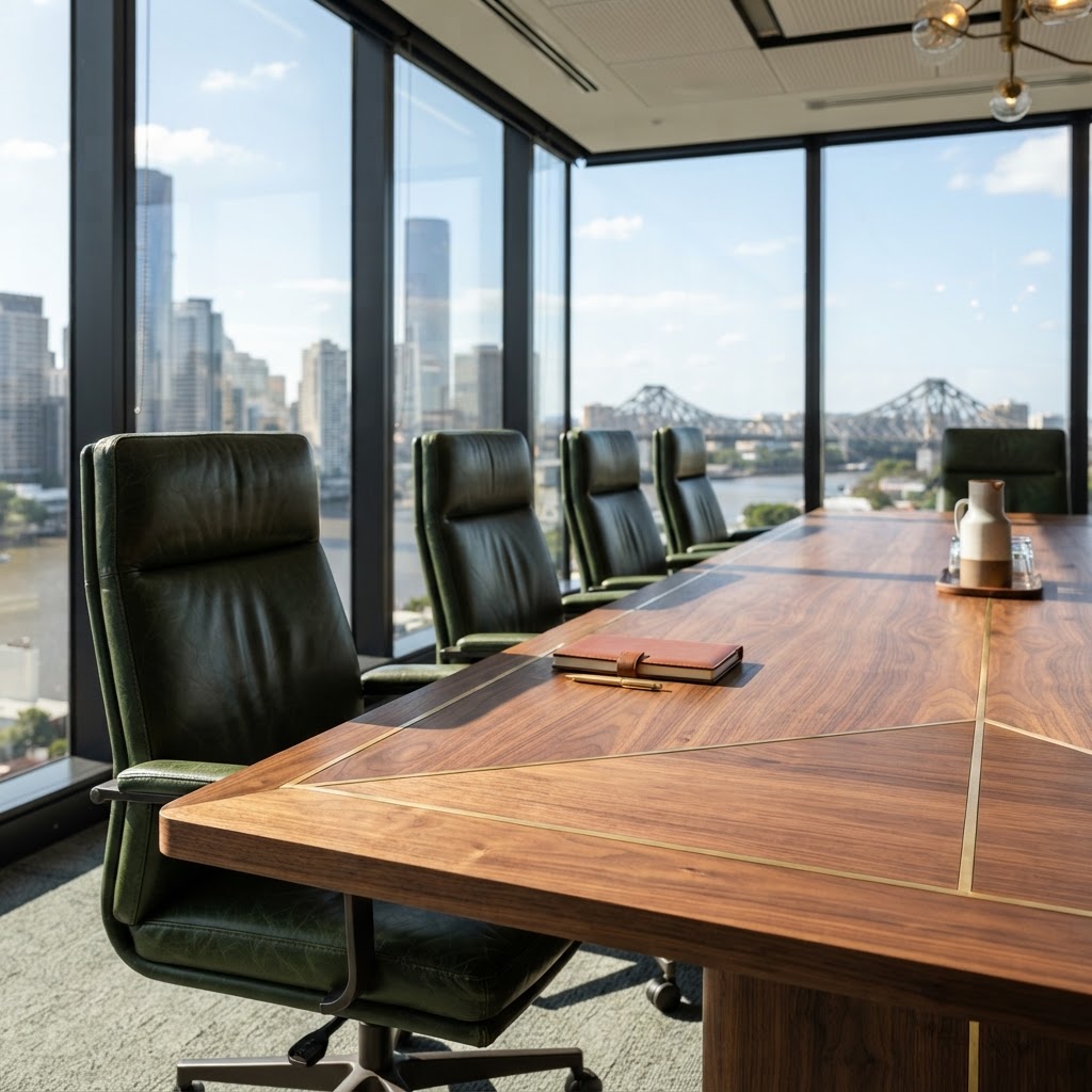 Office boardroom fit-out with walnut table and green leather chairs