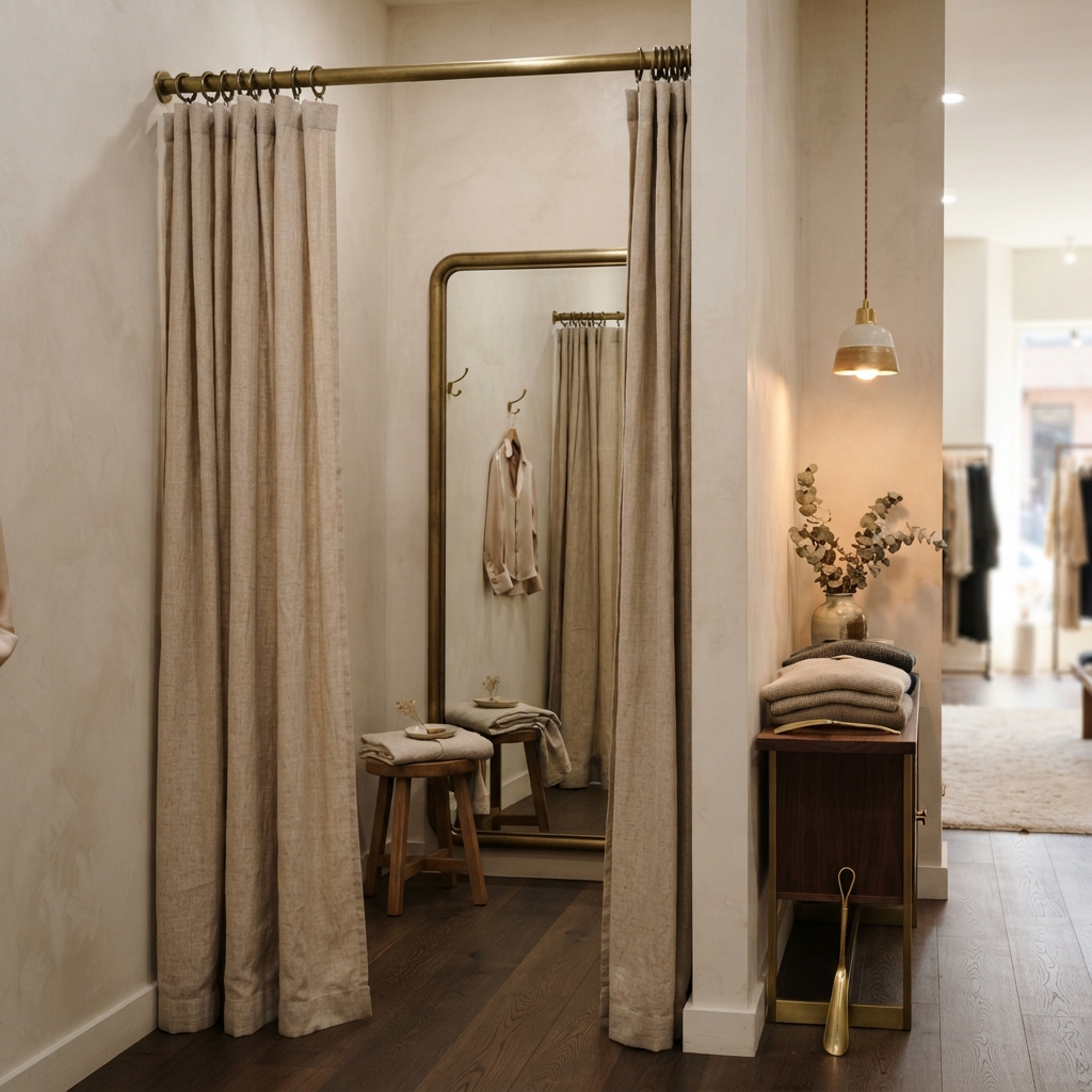 Retail fitting room with linen curtains and brass