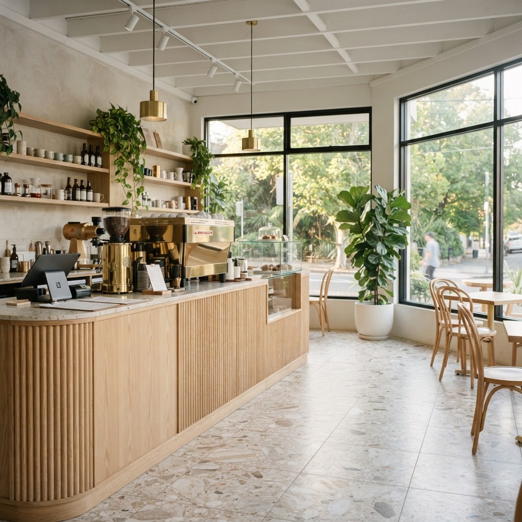 Cafe interior with pale timber