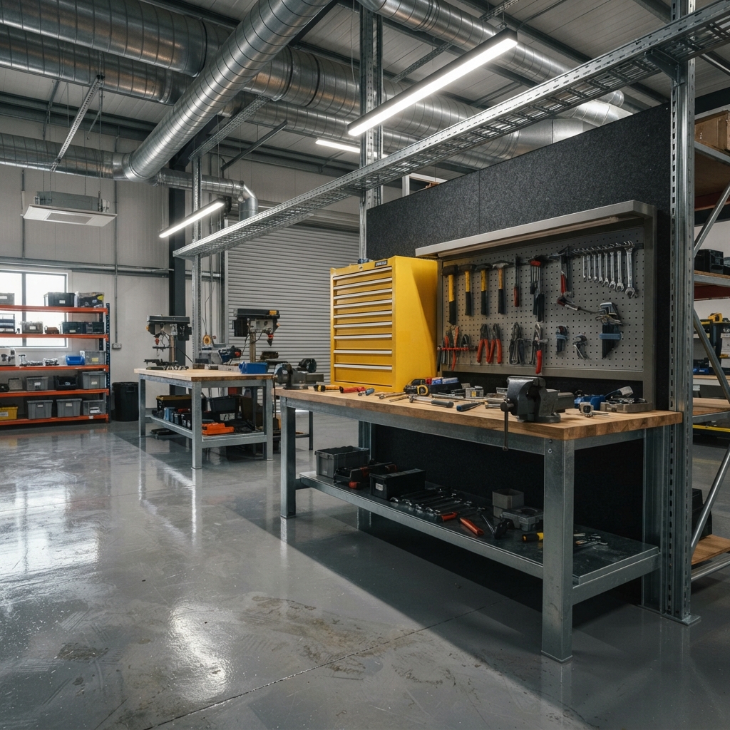 Workshop with galvanised workbenches