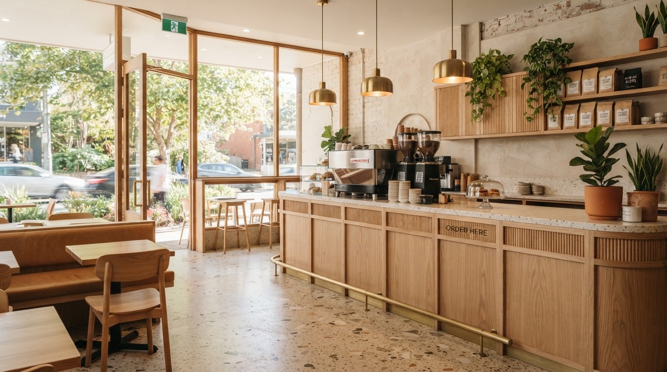 Cafe counter with brass accents and pendant lighting