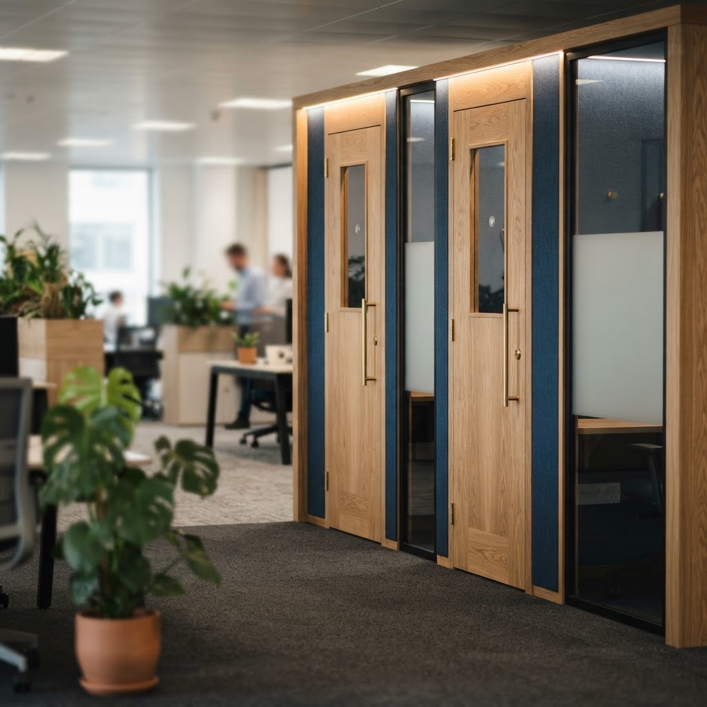 Office phone booths and quiet rooms with oak joinery