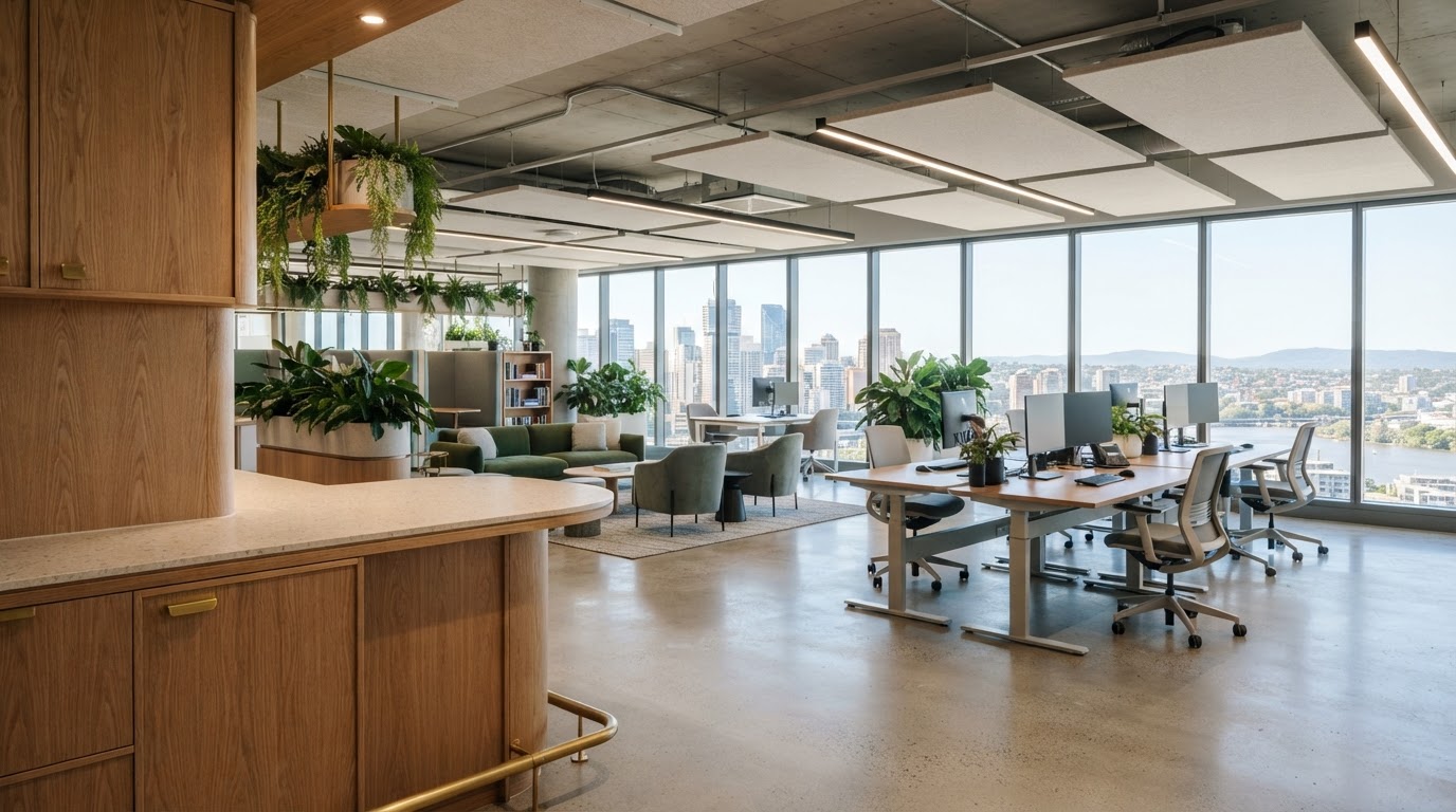Completed high-end office fit-out in Brisbane with warm oak joinery and brass hardware