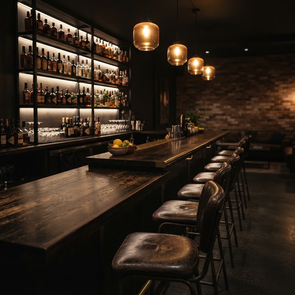 Hospitality bar fit-out with dark timber and amber pendant lighting