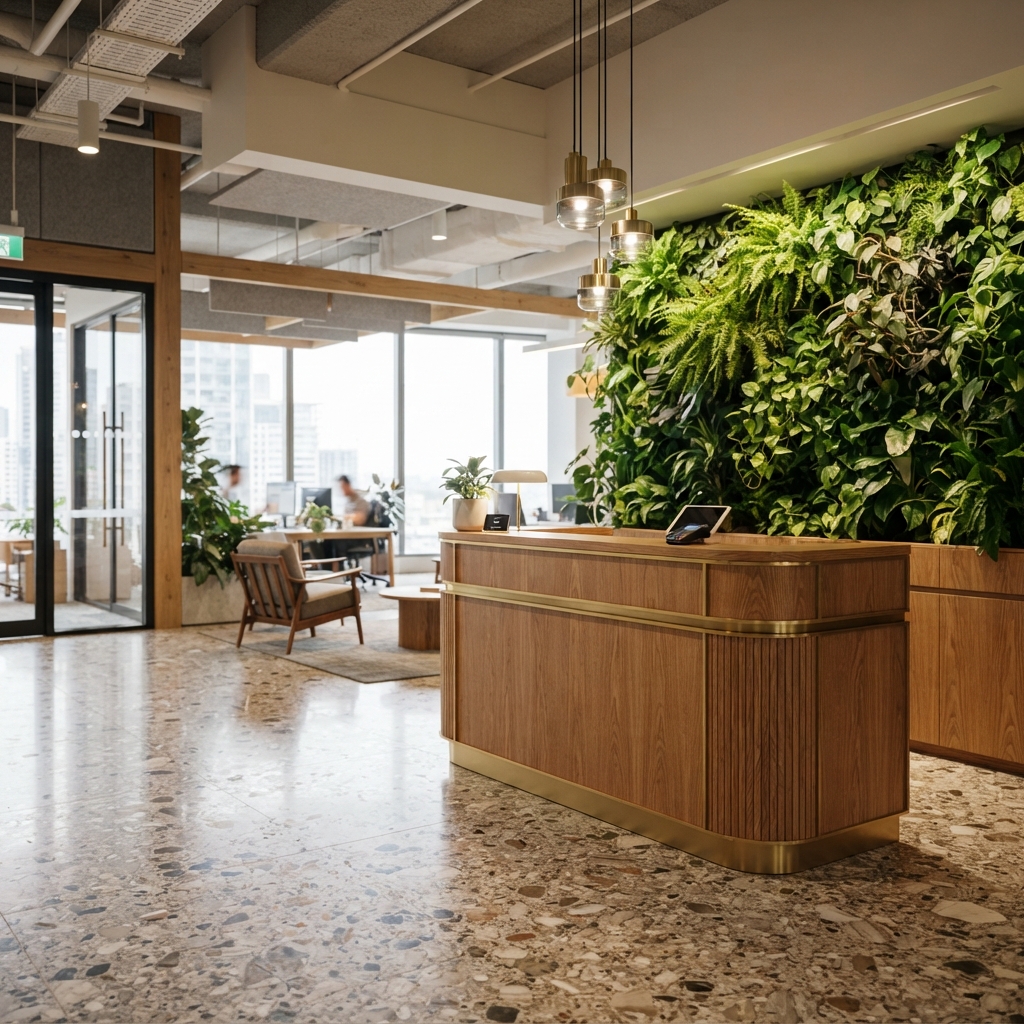 Office reception with oak desk and green wall