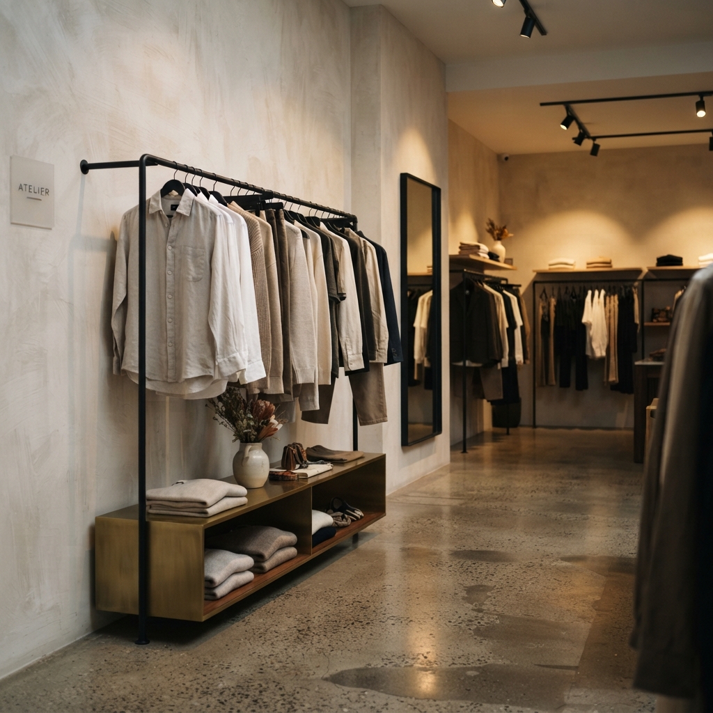 Boutique clothing store with steel racks