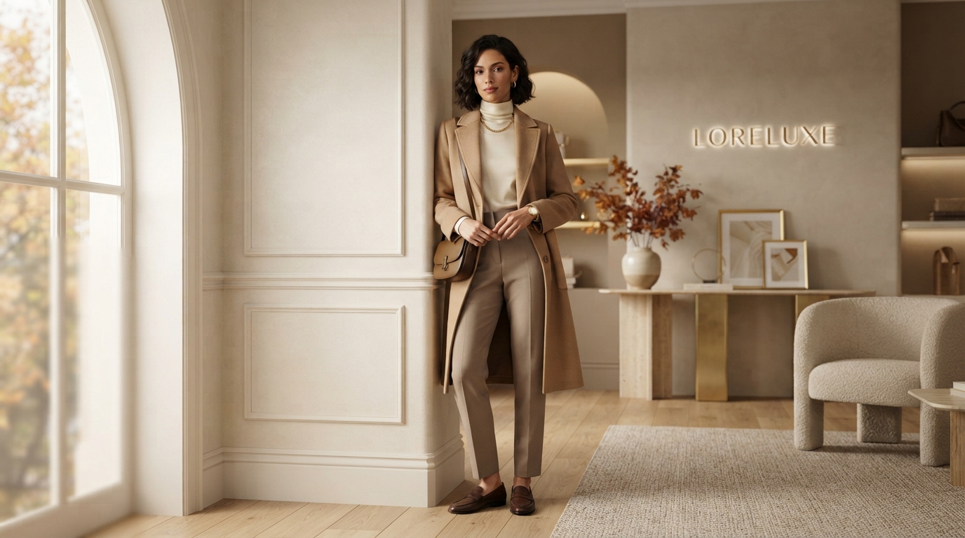LoreLuxe autumn collection — model in a camel coat