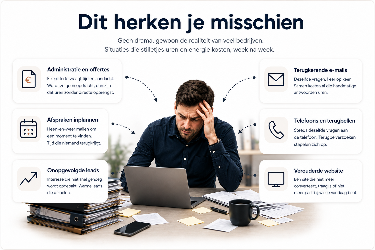 Dit herken je misschien: administratie, e-mails, telefoons, afspraken en onopgevolgde leads die tijd en energie kosten