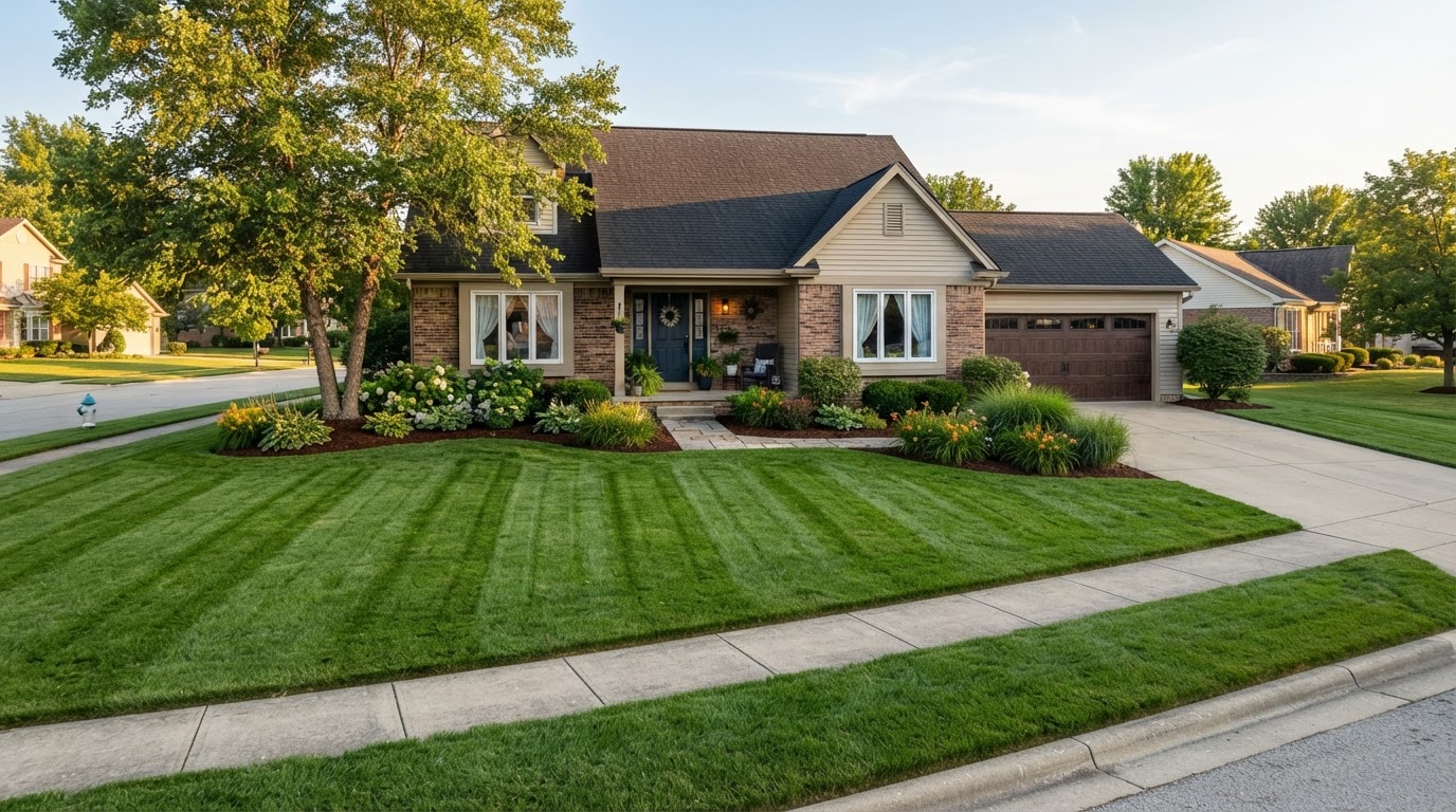 Freshly mowed lawn with professional striping pattern