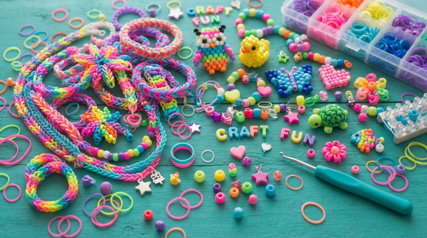 Assorted rainbow loom bracelets, rings, necklaces and pony bead animals