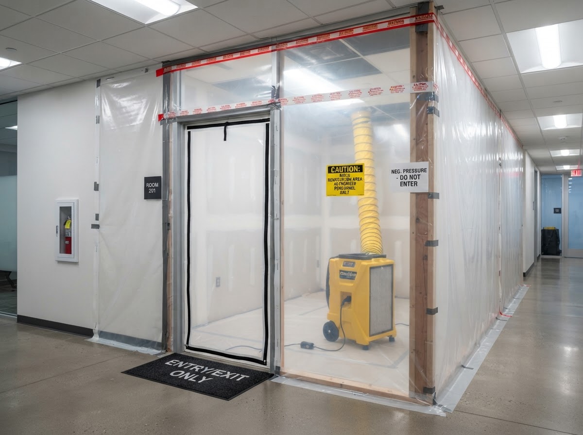 Mold remediation containment barrier with plastic sheeting and air scrubber