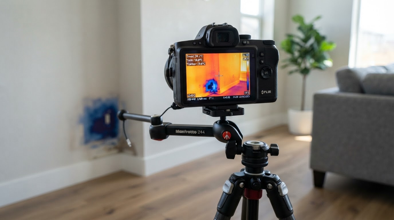 Thermal imaging camera detecting moisture in a residential wall in Buena Park